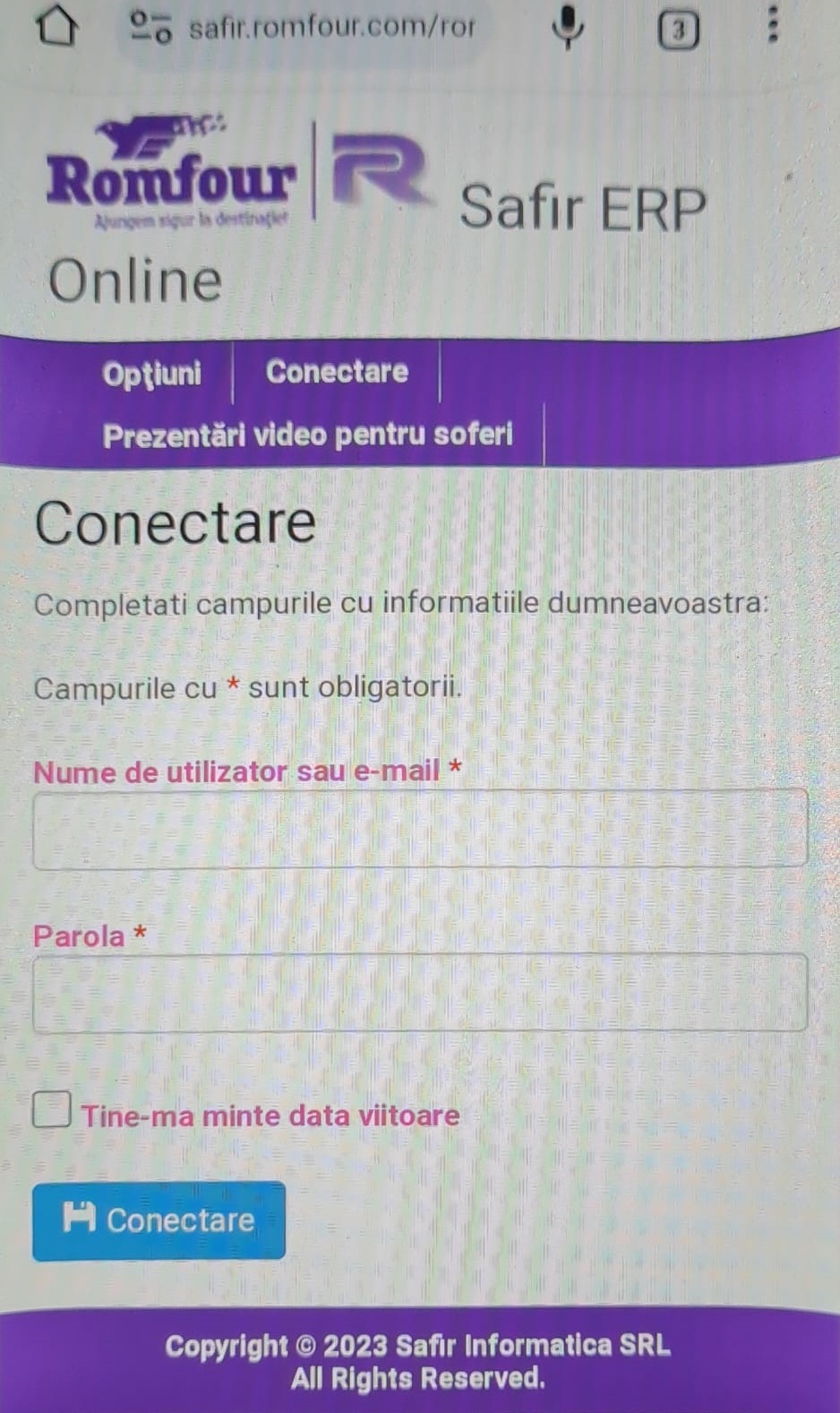 Ecran logare platforma Safir