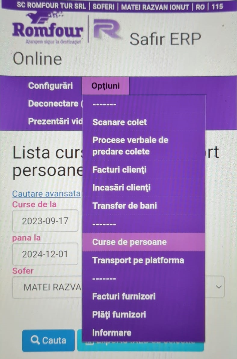 Meniu opțiuni curse de persoane